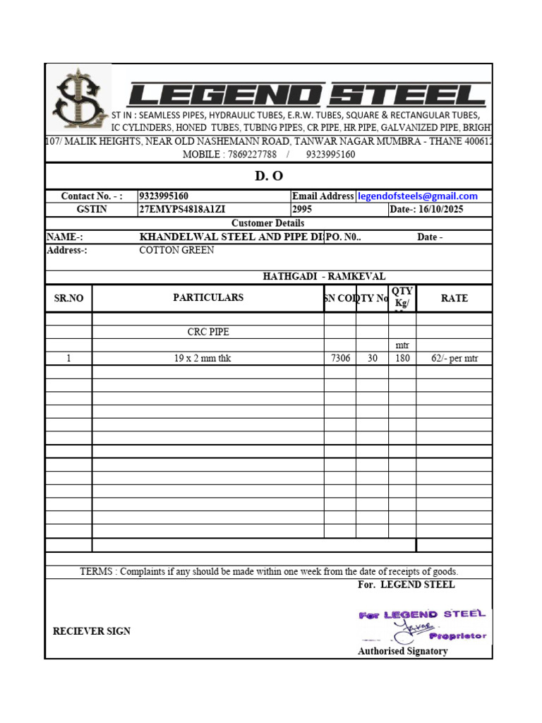 Steel Supply Invoice for Khandelwal Distributors | PDF