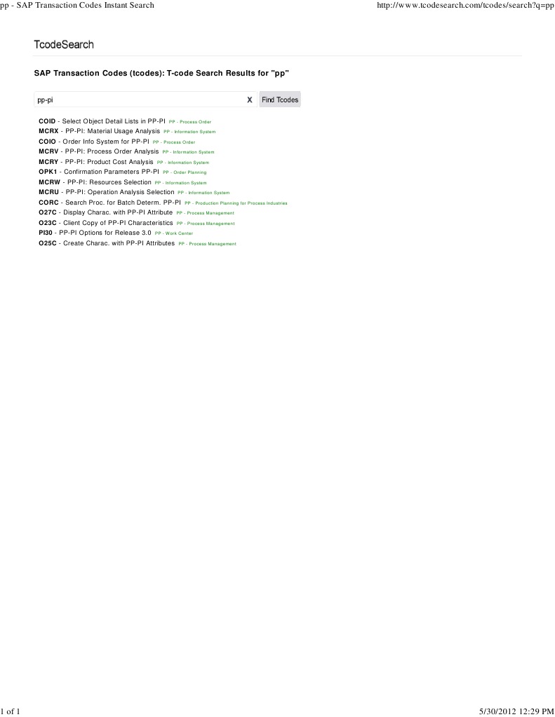SAP Transaction Codes (Tcodes) : T-Code Search Results For 
