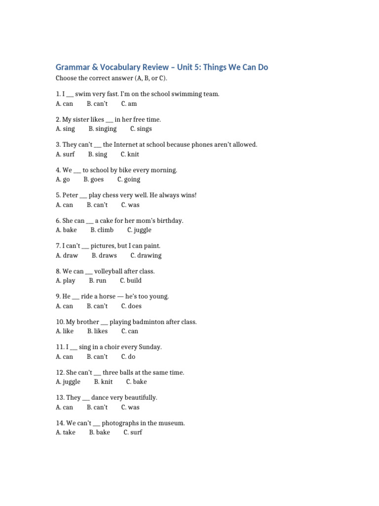 Unit 5 Grammar & Vocabulary Quiz | PDF | Chess | Chess Theory