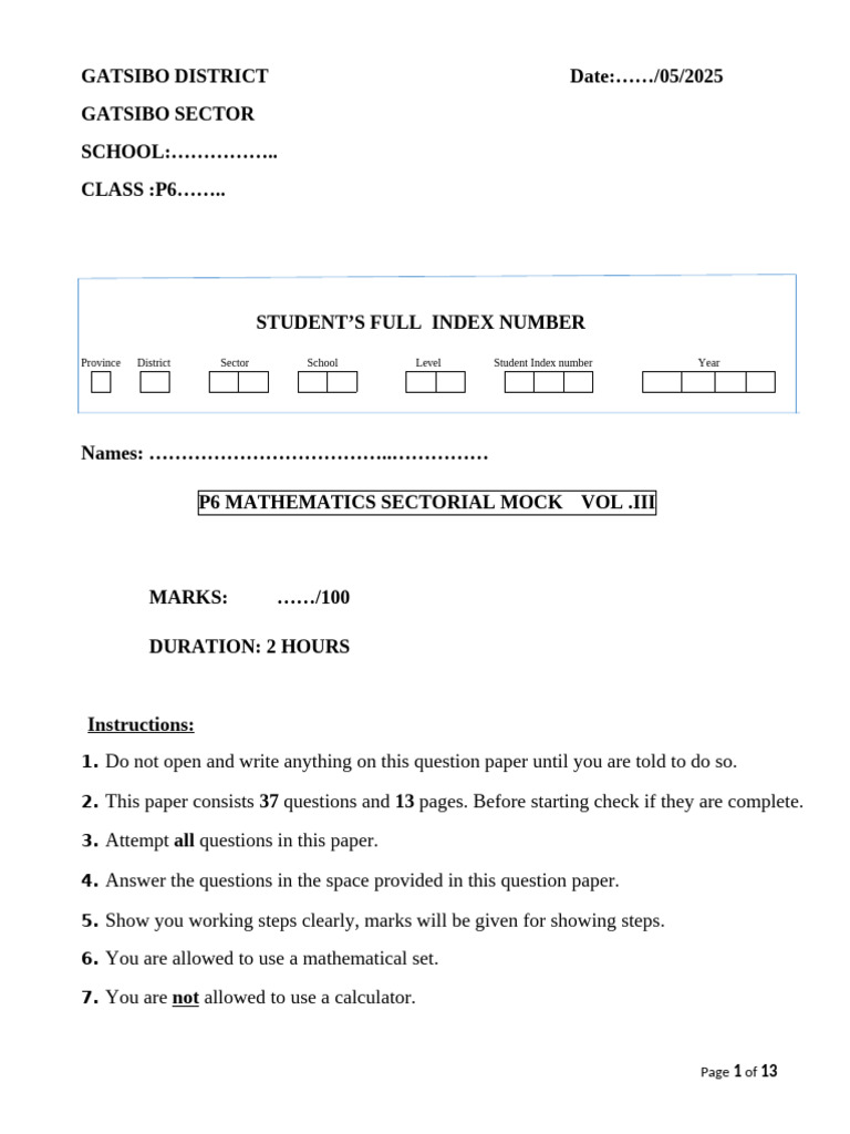 P6 Mathematics Mock Exam 2025 | PDF | Area
