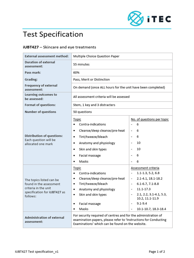 iUBT427 Skincare Test Specification | PDF