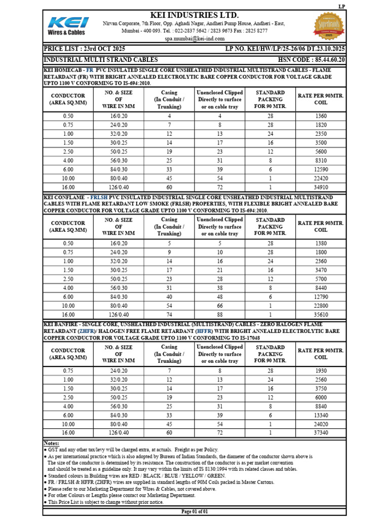 Industrial Multi Strand Cable Price List | PDF | Electrical Conductor ...