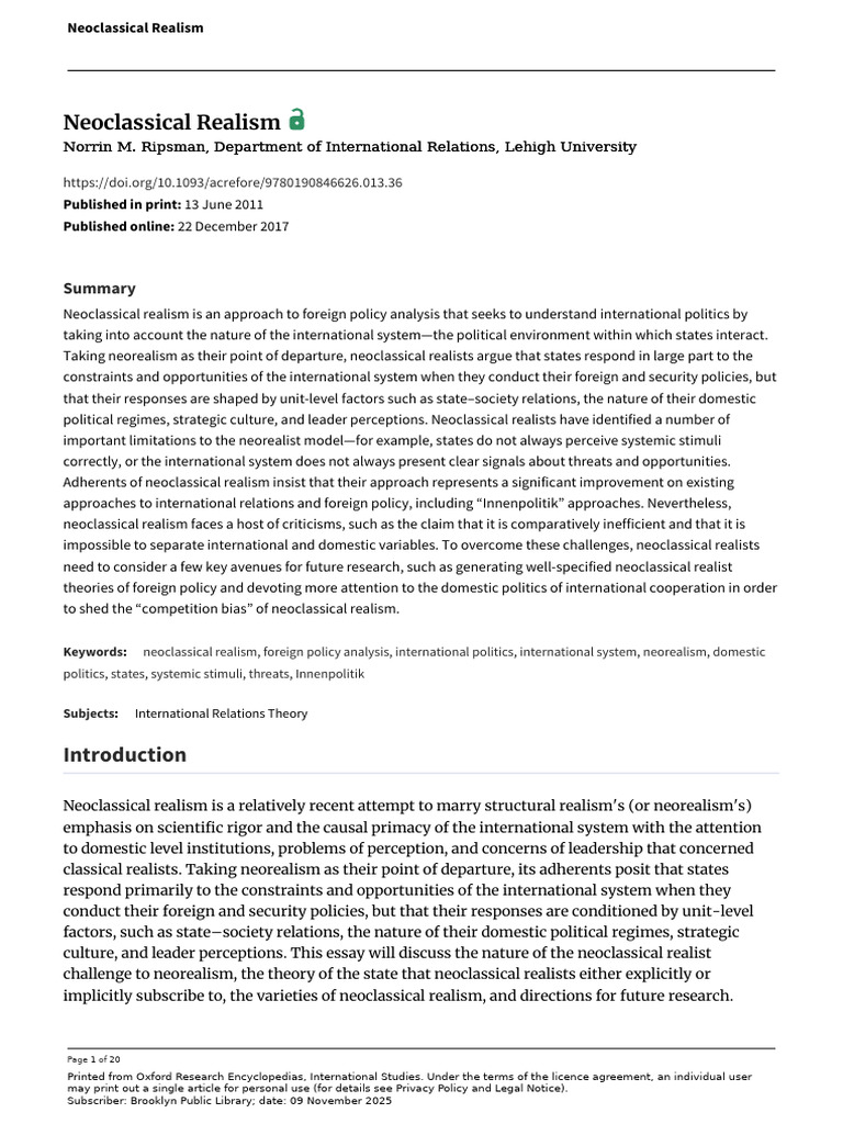 Understanding Neoclassical Realism | PDF | Political Science ...