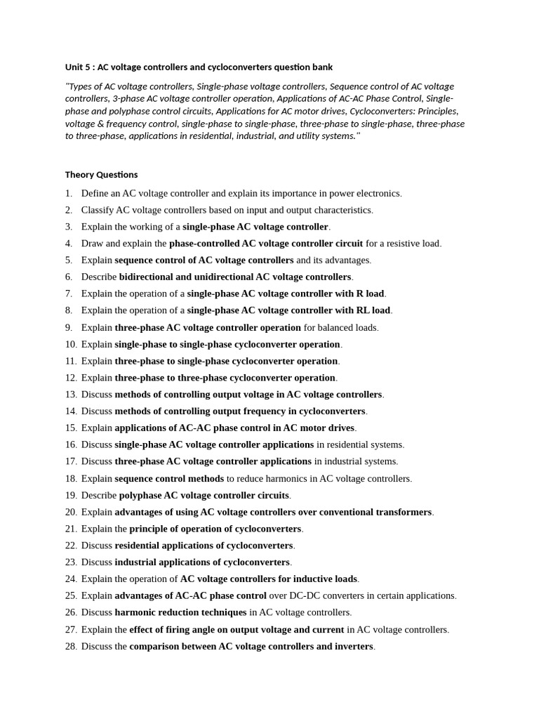 Unit 5 AC Voltage Controllers Question Bank | PDF | Alternating Current ...