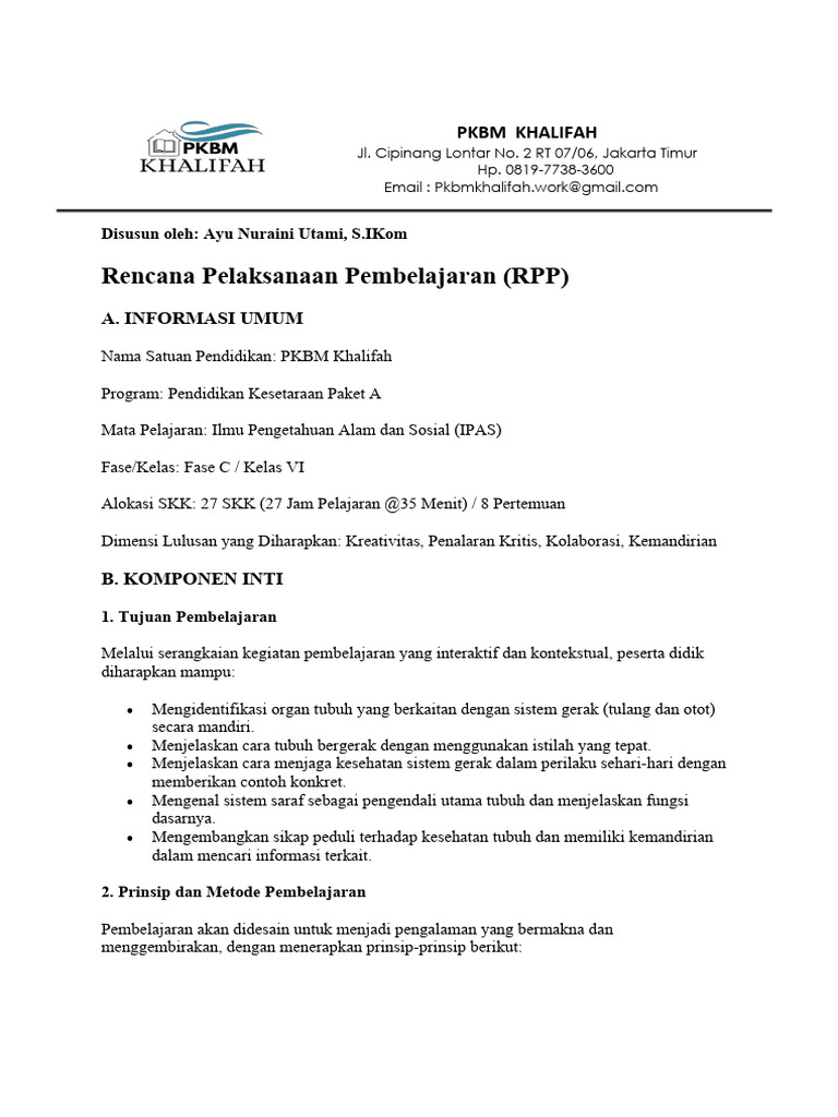 RPP IPAS Kelas VI: Sistem Gerak dan Saraf | PDF