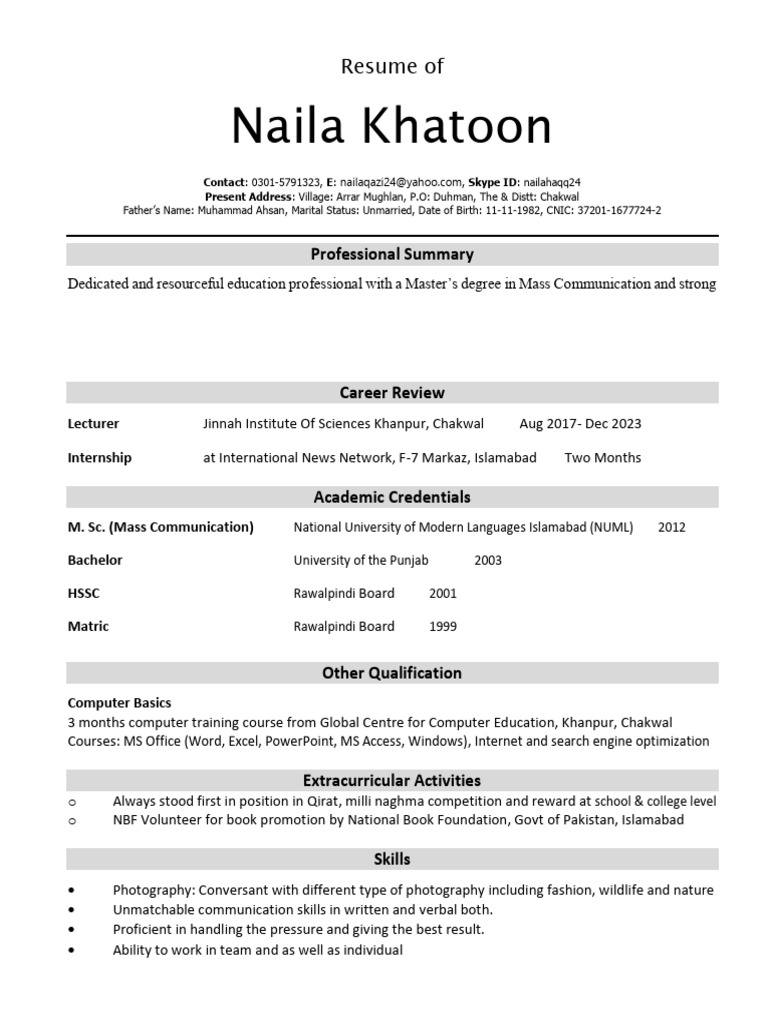 CV Naila Khatoon. | PDF | Learning | Cognition
