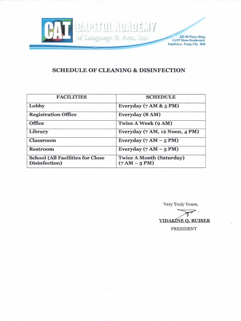 Schedule of Cleaning and Disinfection | PDF