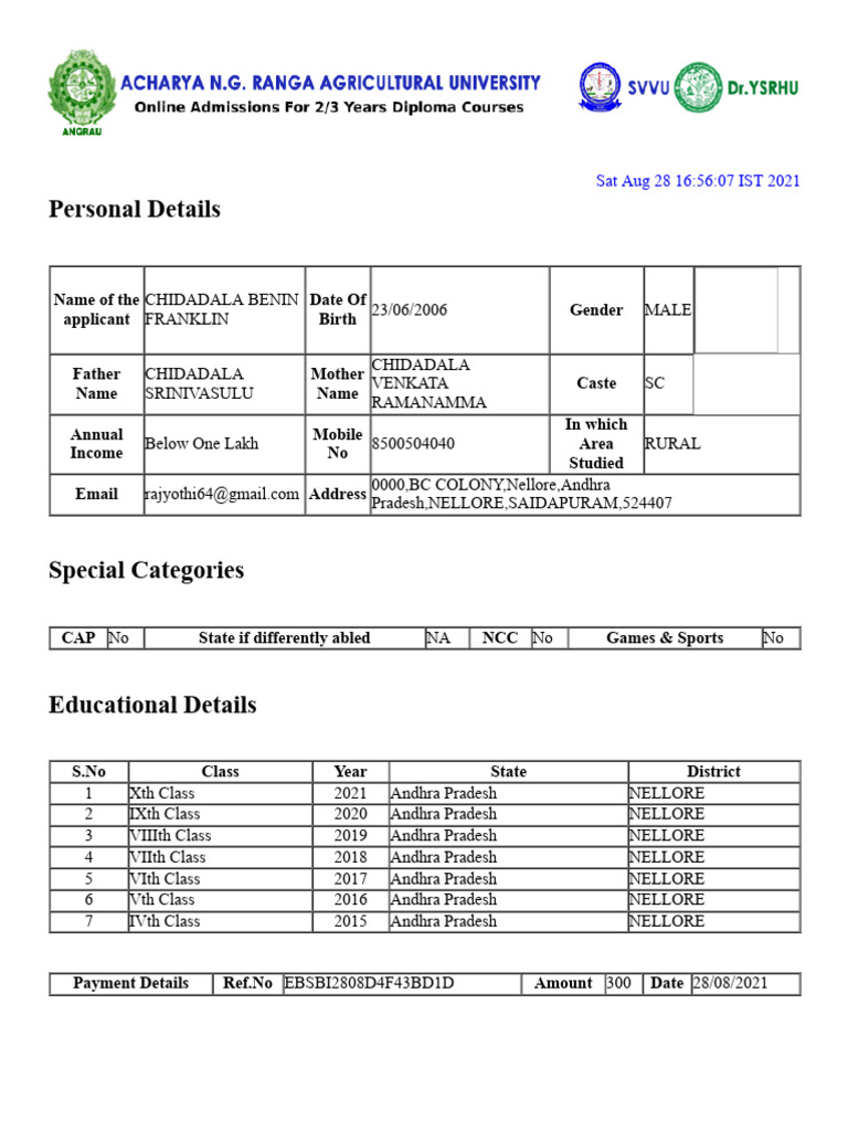 Student Application Details for 2021 | PDF