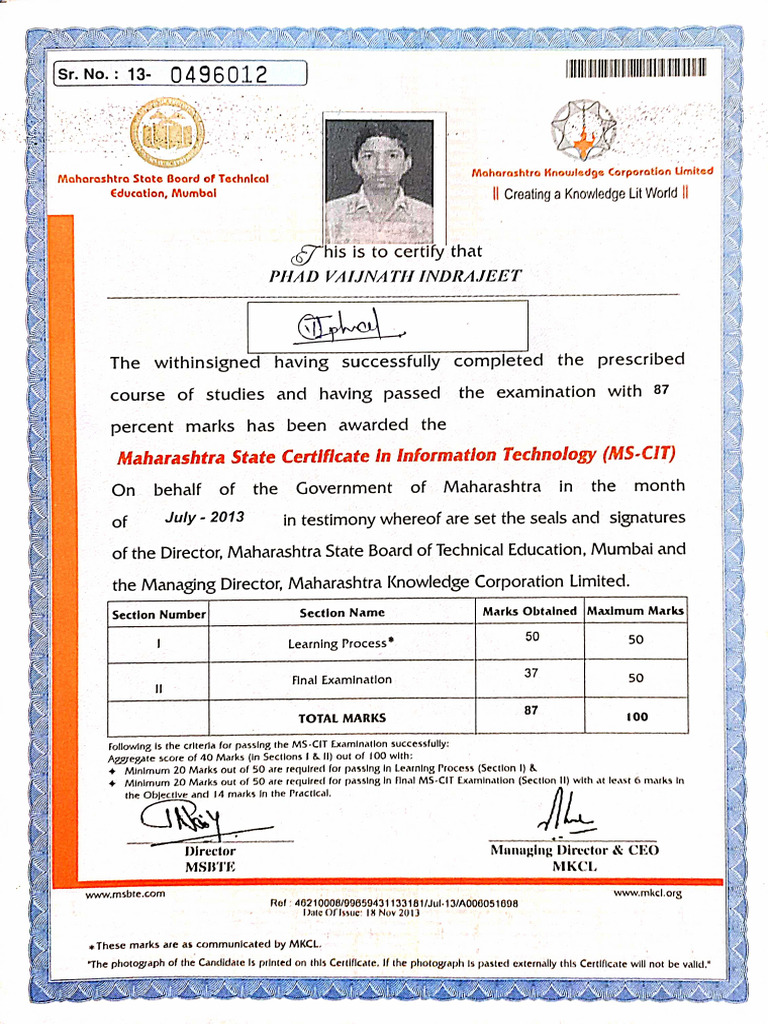 MSCIT Certificate | PDF