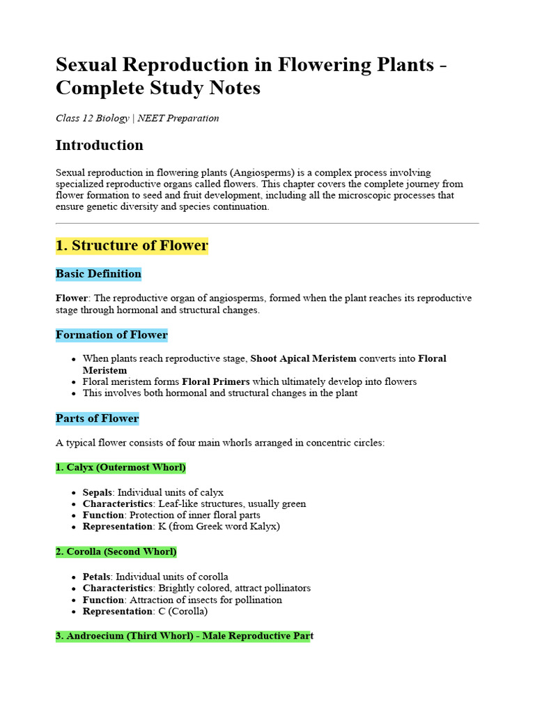 Sexual Reproduction in Flowering Plants | PDF | Flowers | Pollen