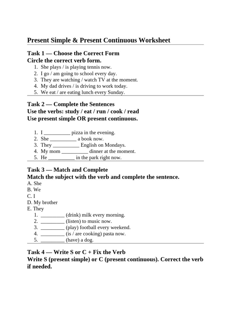 Present Simple vs Continuous Worksheet | PDF