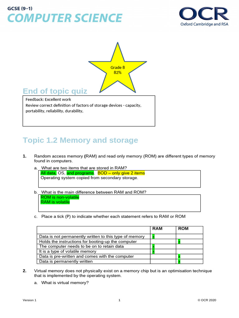 Memory and Storage Quiz for Computers | PDF | Computer Data Storage ...
