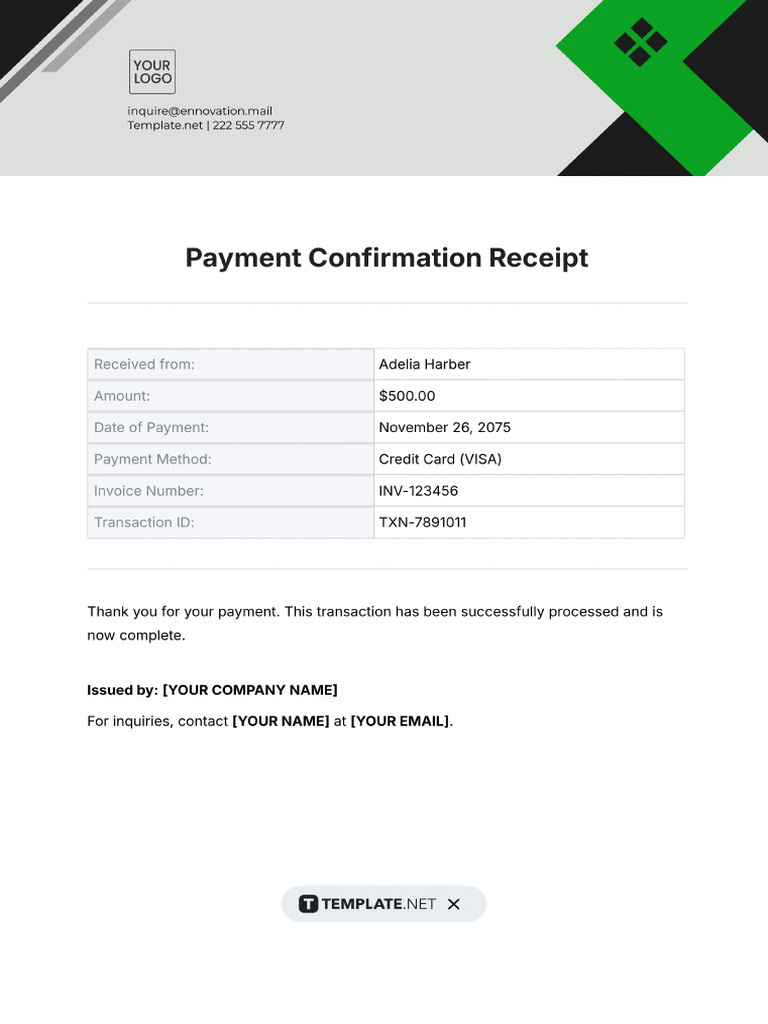 Payment Confirmation Receipt Template | PDF