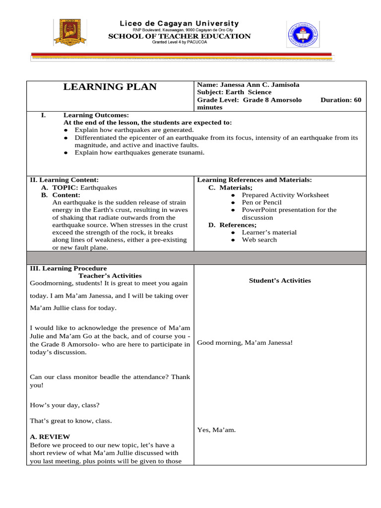 Learning Plan | PDF | Earthquakes | Fault (Geology)