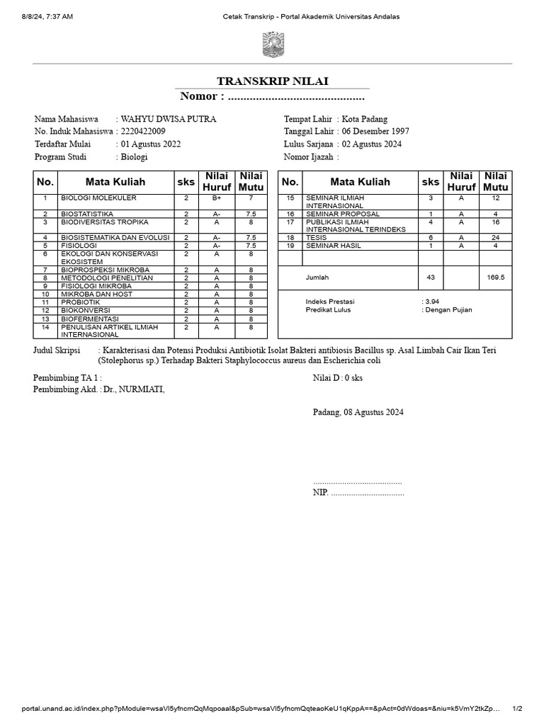 Cetak Transkrip Portal Akademik Universitas Andalas Pdf