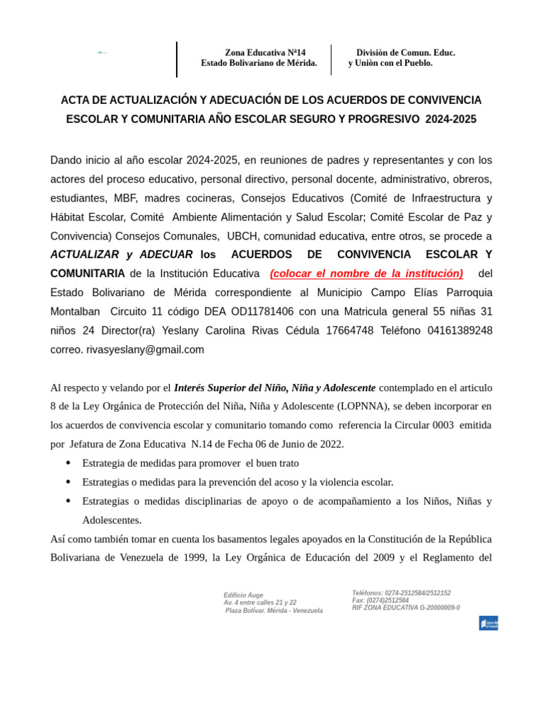Acta de Convivencia Escolar | PDF | Justicia | Crimen y violencia