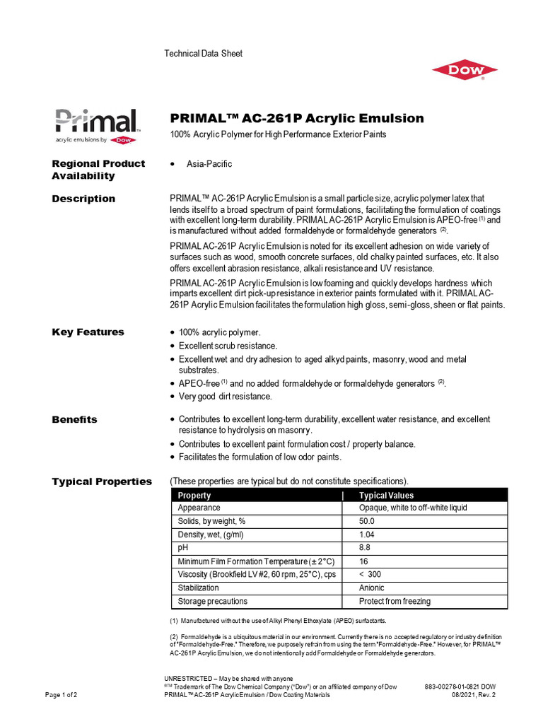 PRIMAL AC-261P Acrylic Emulsion Overview | PDF | Paint | Acrylic Paint