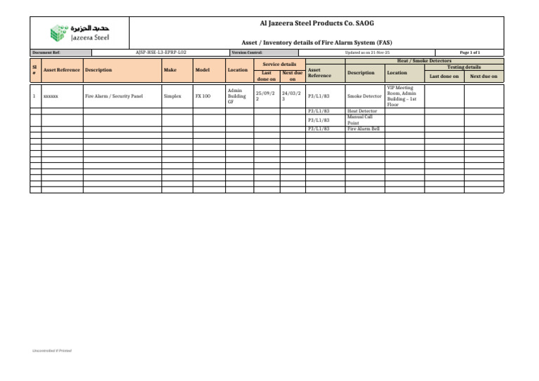 AJSP-HSE-L3-EPRP-L02 - Inventory of Fire Alarm System (FAS) | PDF ...