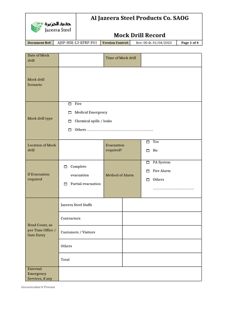 Ajsp Hse l3 Eprp f01 Mock Drill Record | PDF | Safety | Emergency ...
