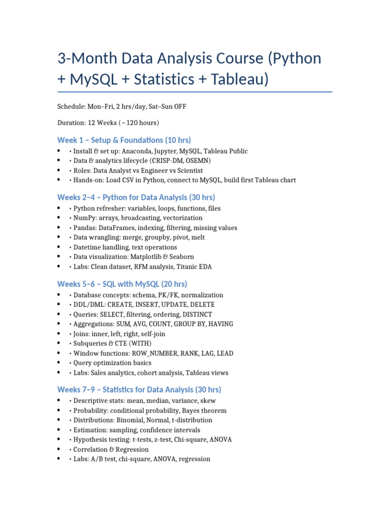 Data Analysis Course: Python, SQL, Tableau | PDF | Statistics | Data ...