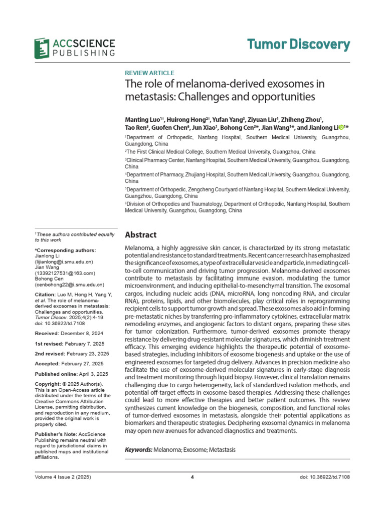 The Role of Melanoma-Derived Exosomes in Metastasis: Challenges and ...