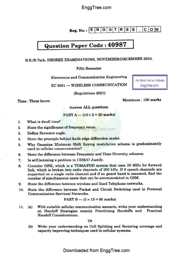 EC3501 Wireless Communication Nov Dec 2024 Question Paper Download | PDF
