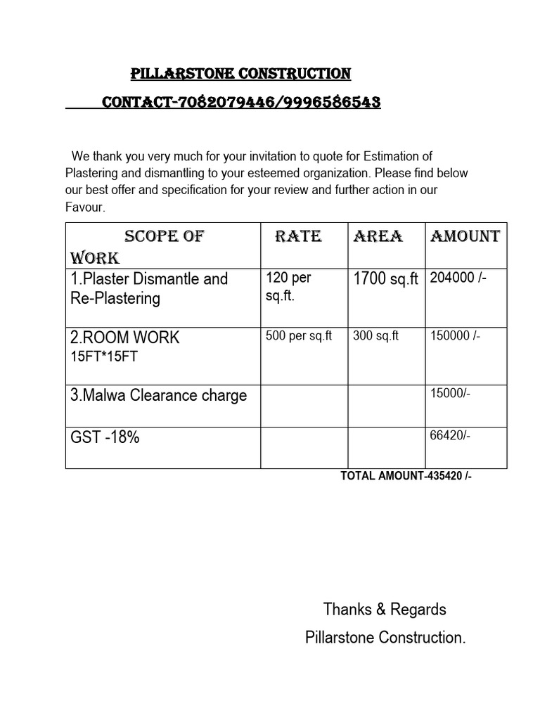 Plastering Estimate from Pillarstone Construction | PDF