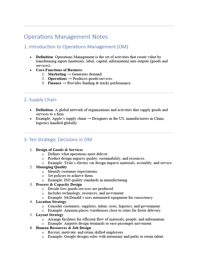 OM Sir Notes | PDF | Supply Chain | Lean Manufacturing