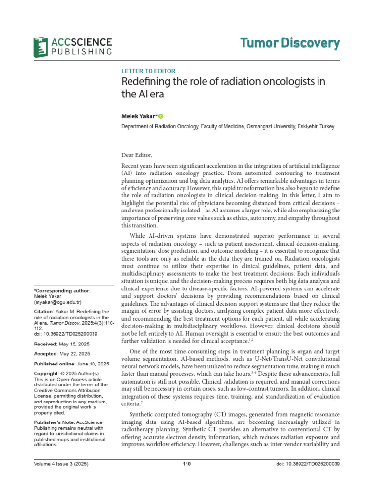 Redefining The Role of Radiation Oncologists in The AI Era | PDF ...