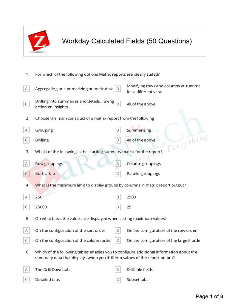 Workday Calculated Fields Questions | PDF | Matrix (Mathematics ...