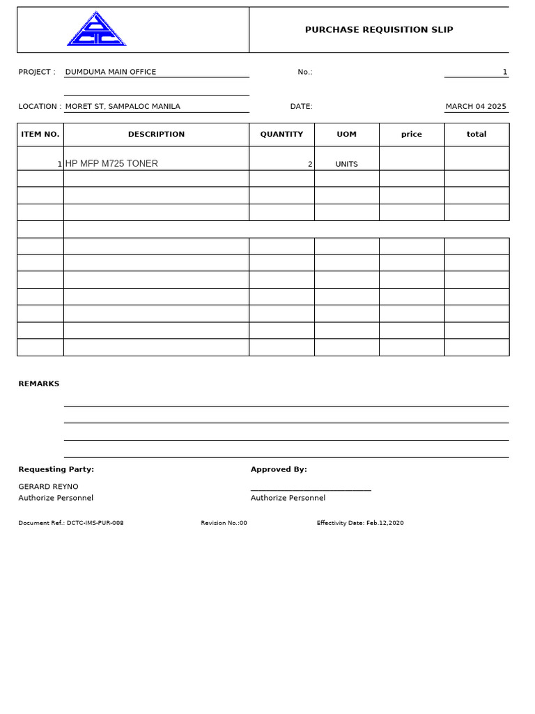 Purchase Requisition Slip Template | PDF