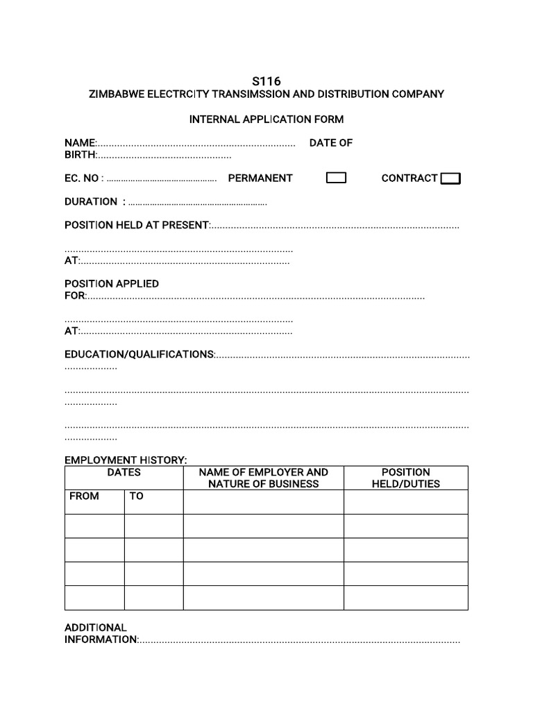 Zimbabwe Electricity Job Application Form | PDF