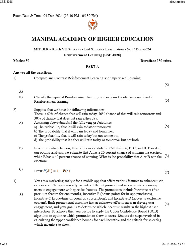 CSE 4028 Reinforcement Learning | PDF | Cognition | Cognitive Science