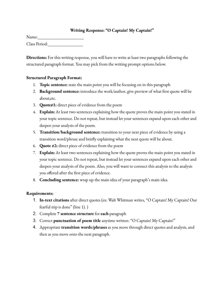 Writing Response Guide for 