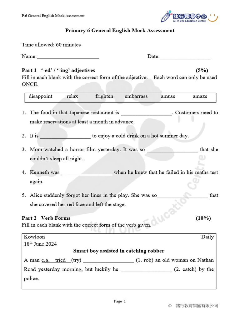 P6 General English Mock Assessment | PDF | Syntax | Grammar