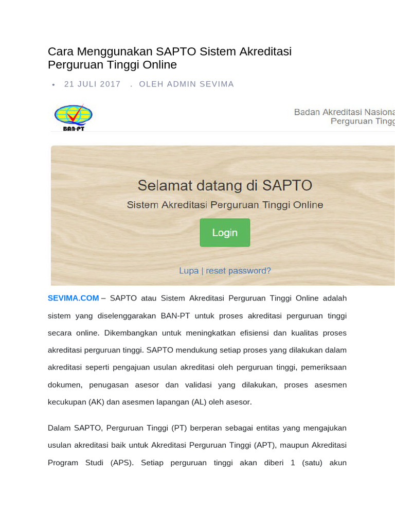 Panduan Lengkap SAPTO Akreditasi PT | PDF