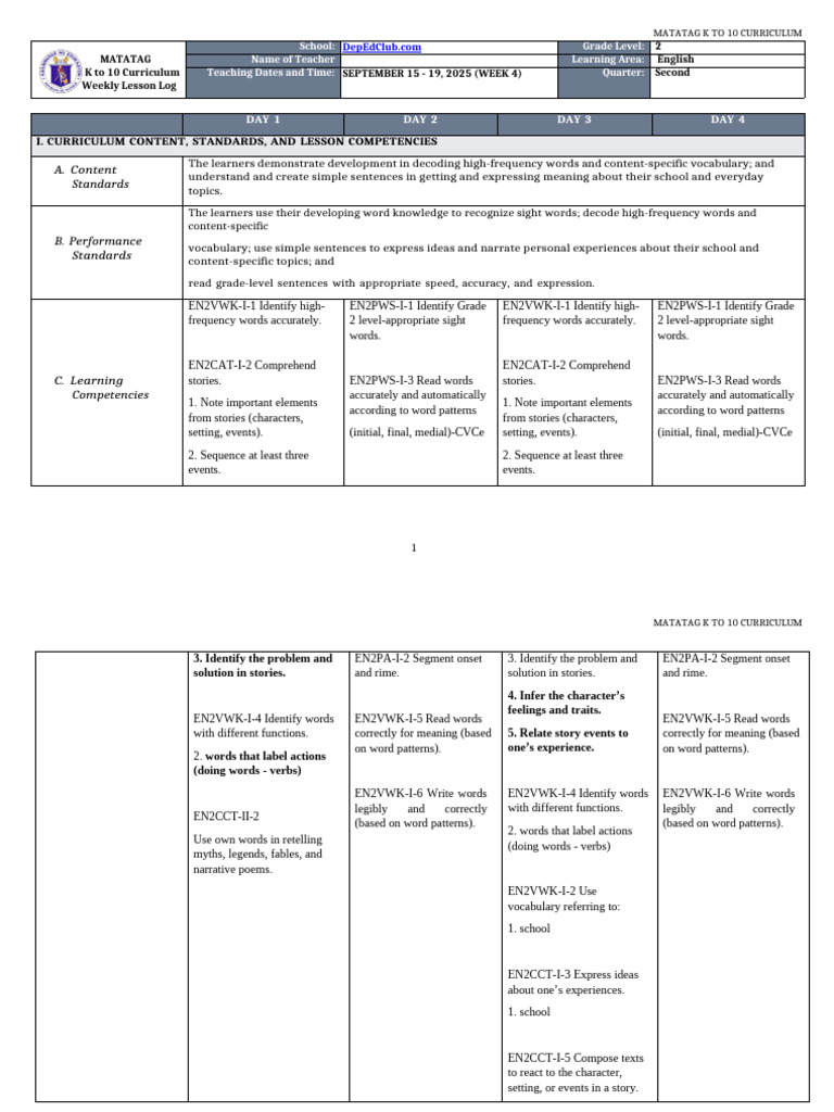 Grade 2 English Weekly Lesson Plan | PDF | Curriculum | Vocabulary