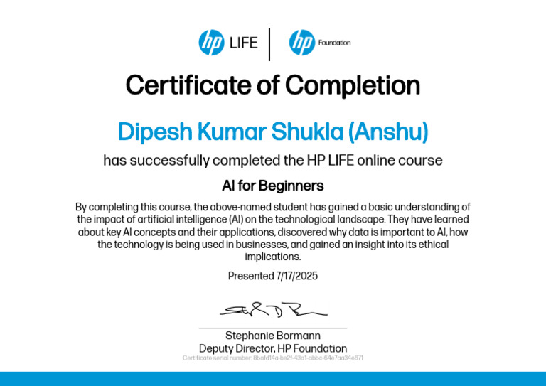 HP LIFE AI for Beginners Certificate | PDF