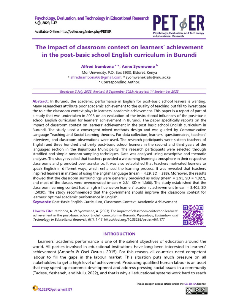 Alfred Irambona Impact of Classroom Environment | PDF | Learning | Teachers