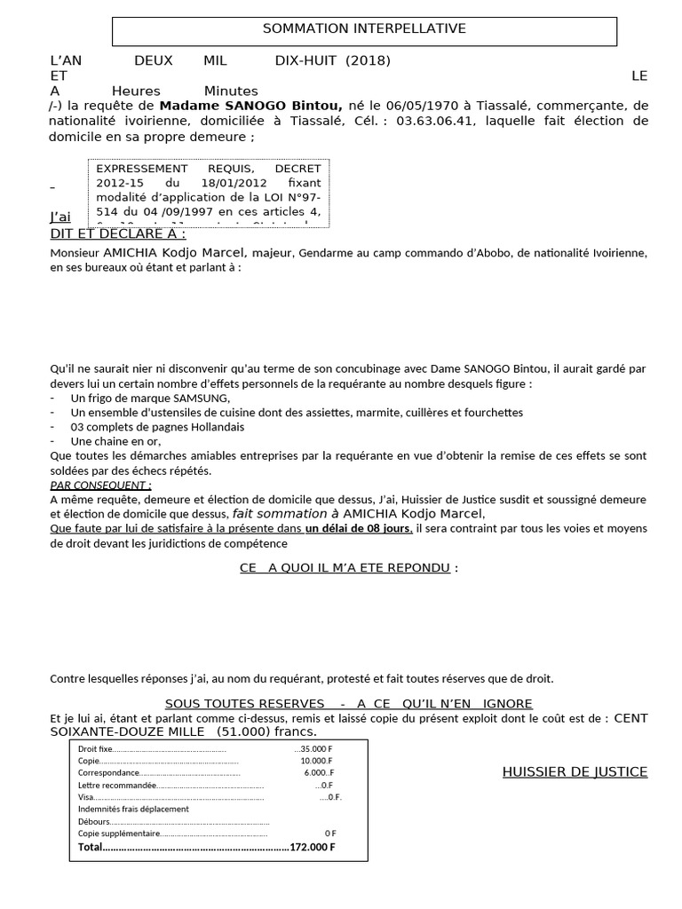 Sommation Interpel Payer Sanogo Bintou C. Amichia Kodjo | PDF