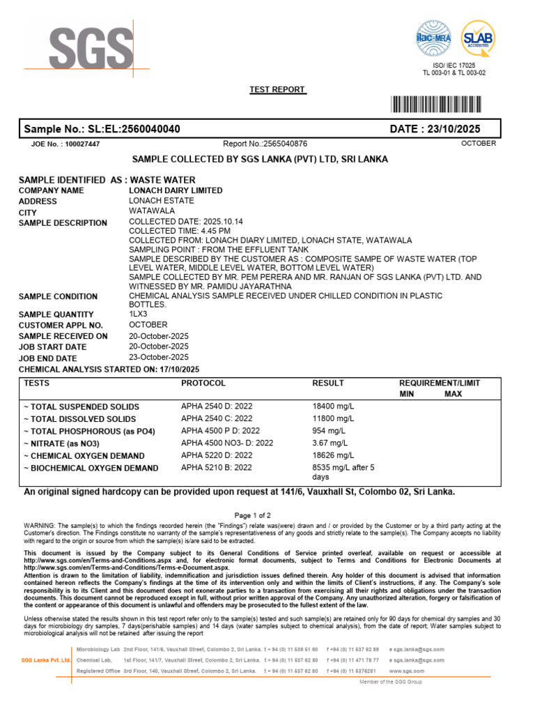 Waste Water Test Report - SGS Lanka | PDF | Forgery