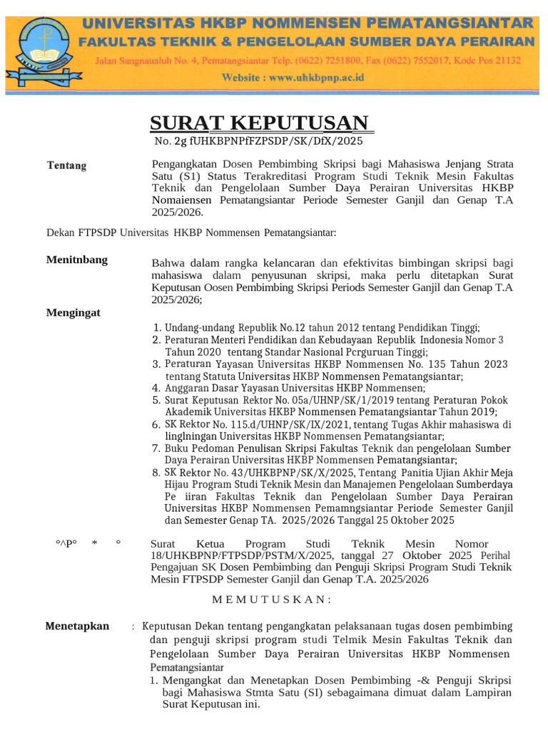 SK Dosen Pembimbing Skripsi Teknik Mesin Ganjil Genap 2025 2026 | PDF