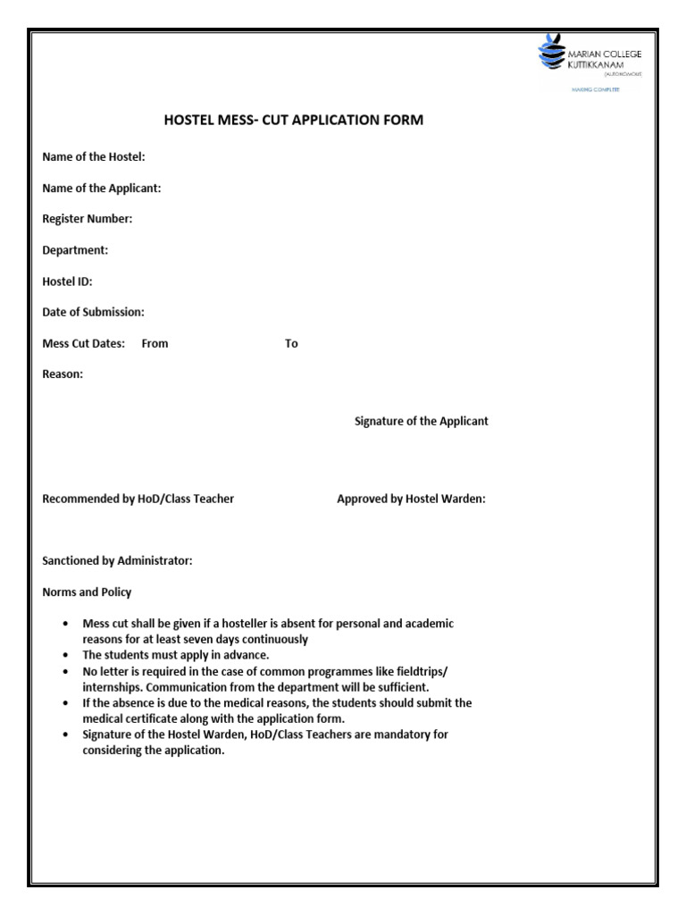 Hostel Mess Cut Application Form | PDF