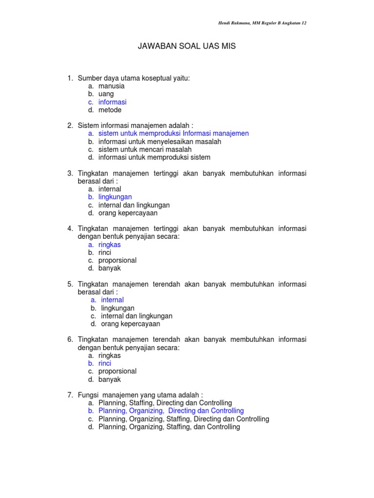Soal Essay Uas Sistem Informasi Manajemen Bumi Soal