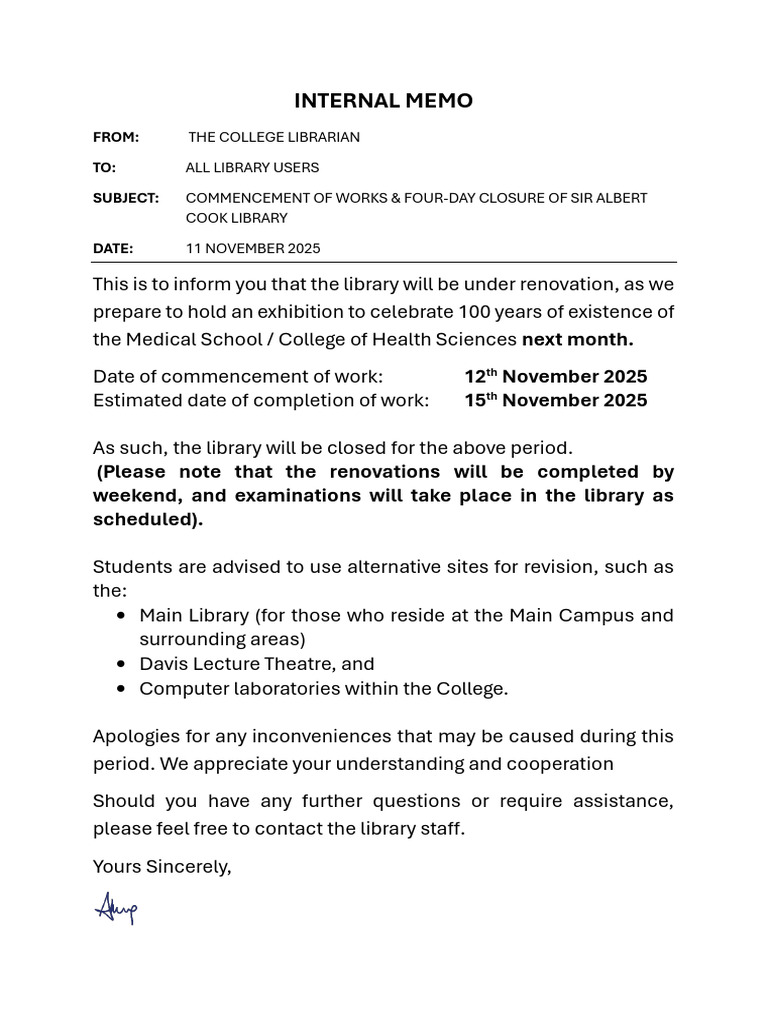 Internal Memo Library Closure 11-11-2025 | PDF