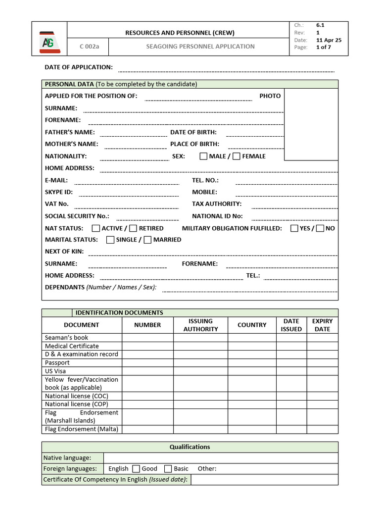 Seagoing Personnel Application Form | PDF | Sailor