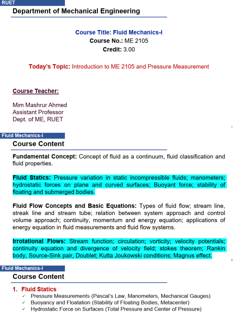 Fluid Mechanics-I: Pressure Measurement Basics | PDF | Pressure ...