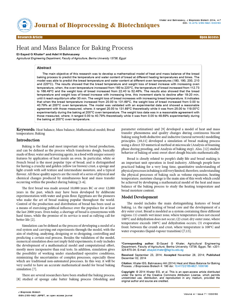 Heat and Mass Balance For Baking Process 2155 9821.1000190 | PDF ...