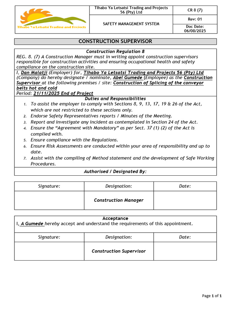 Construction Supervisor Appointment Document | PDF