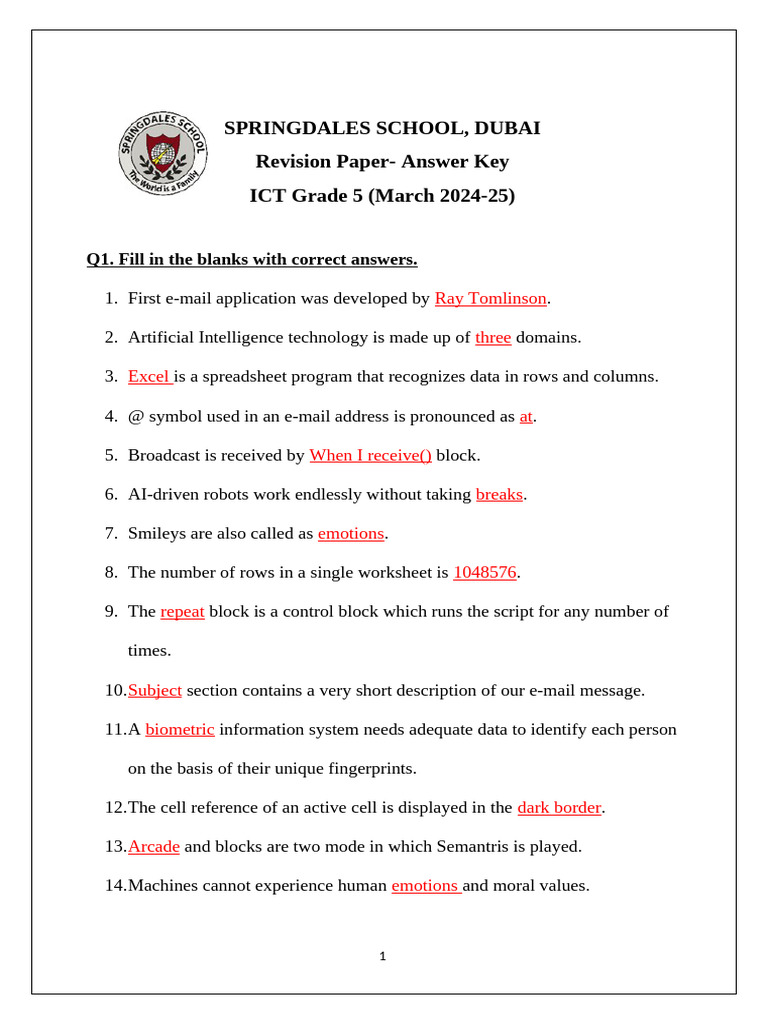 ICT Grade 5 Revision Answer Key 2024 | PDF | Spreadsheet | Microsoft Excel